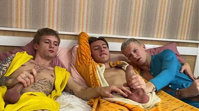 Twink pajama party turns into hot threesome - two twinks fucked their buddies and cummed in his asshole