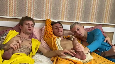 Twink pajama party turns into hot threesome - two twinks fucked their buddies and cummed in his asshole